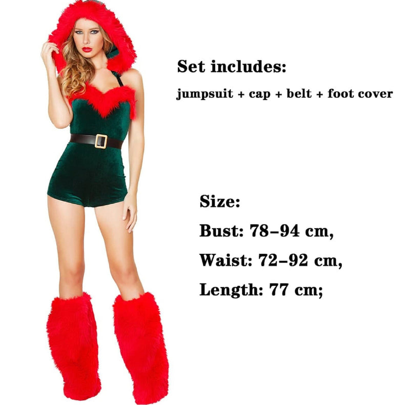 Red Green Christmas Santa Claus Costume Cosplay Elf Bodysuit + Hats +Leg Warmers