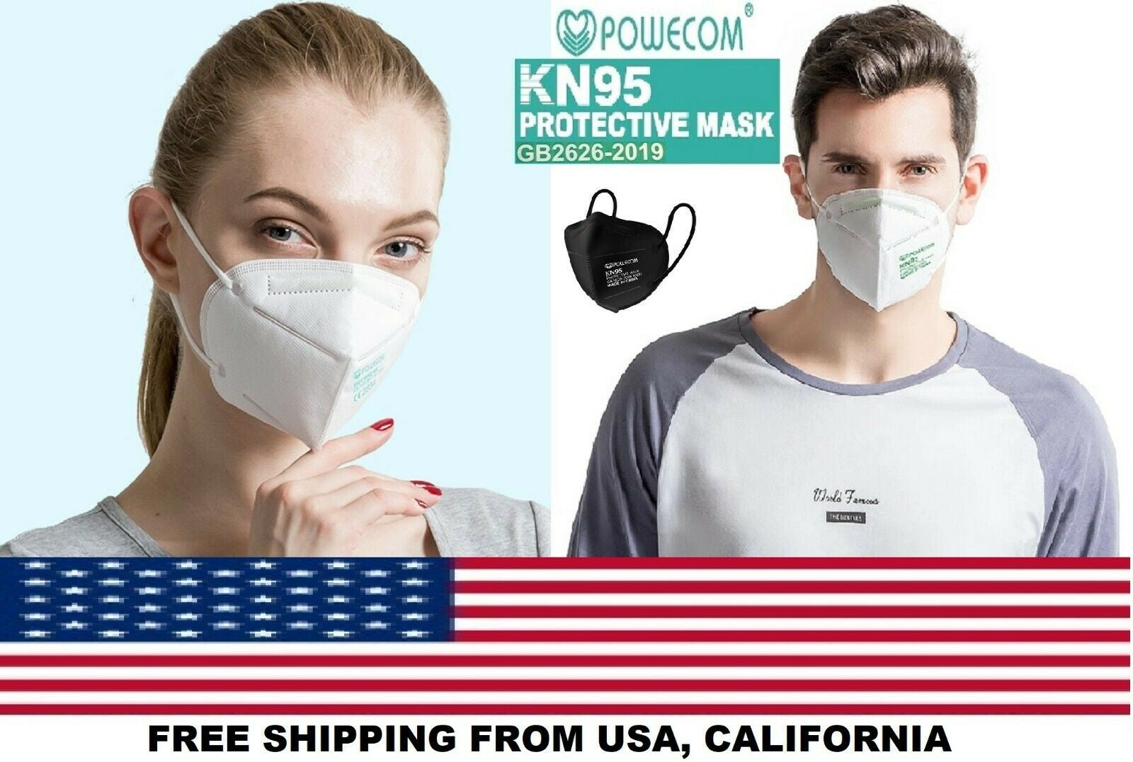 Powecom KN95 Protective Respirator Ear Loop Face Mask Standard GB2626-2019 EXP 09/2027