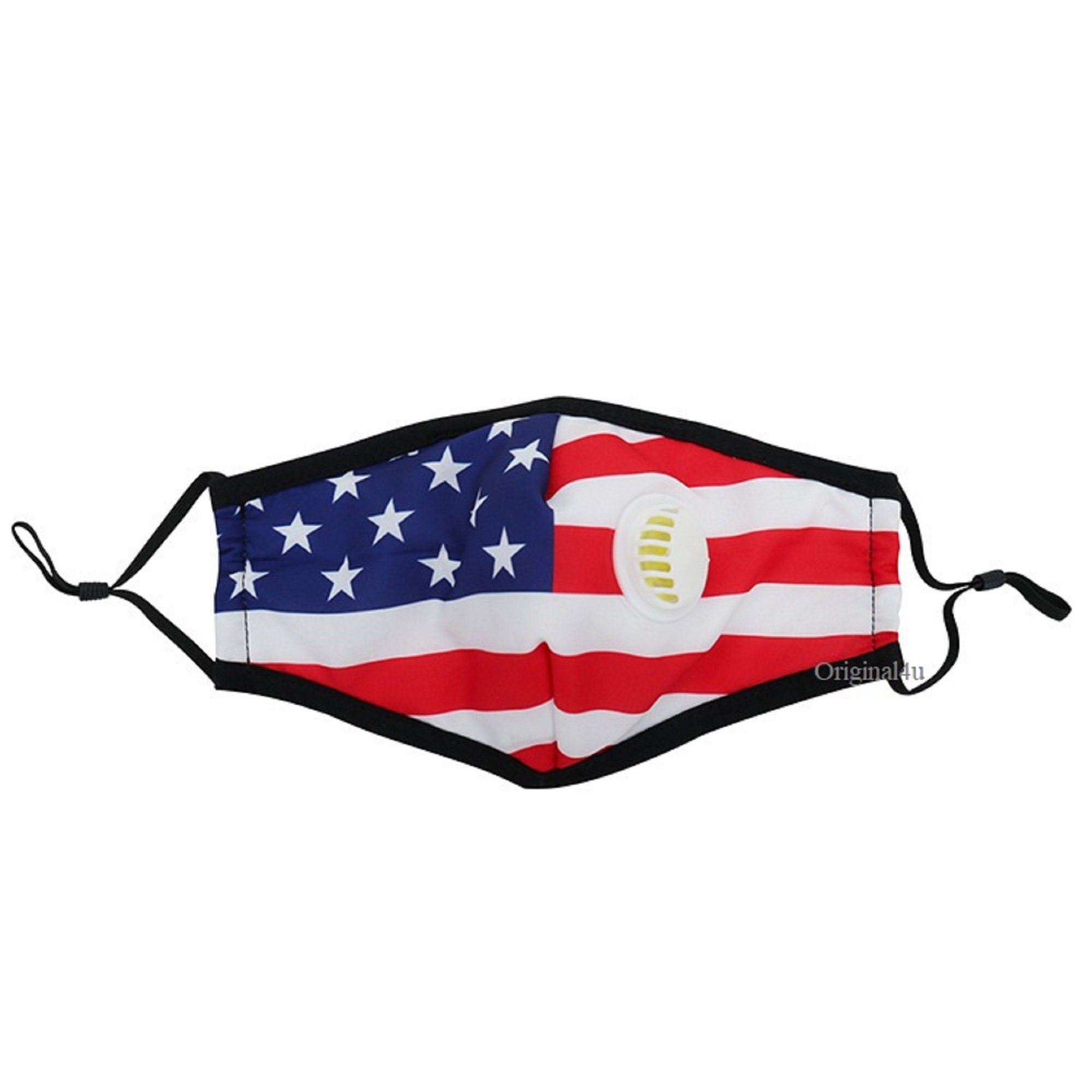 American Face Mask - USA Flag with Protective 5 Layer PM 2.5 Activated Carbon Filter & Breathing Valve + Nose Clip - Reusable - Washable
