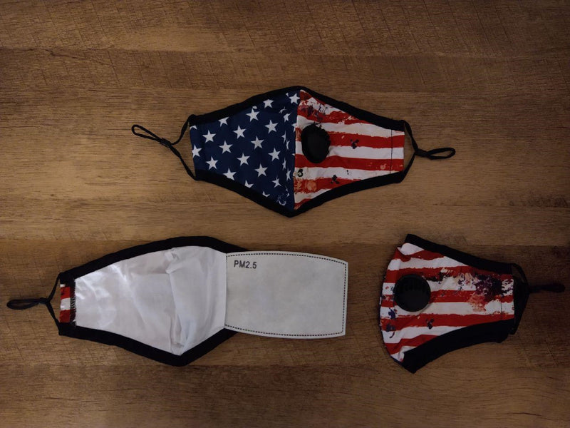 American Face Mask - USA Flag with Protective 5 Layer PM 2.5 Activated Carbon Filter & Breathing Valve + Nose Clip - Reusable - Washable