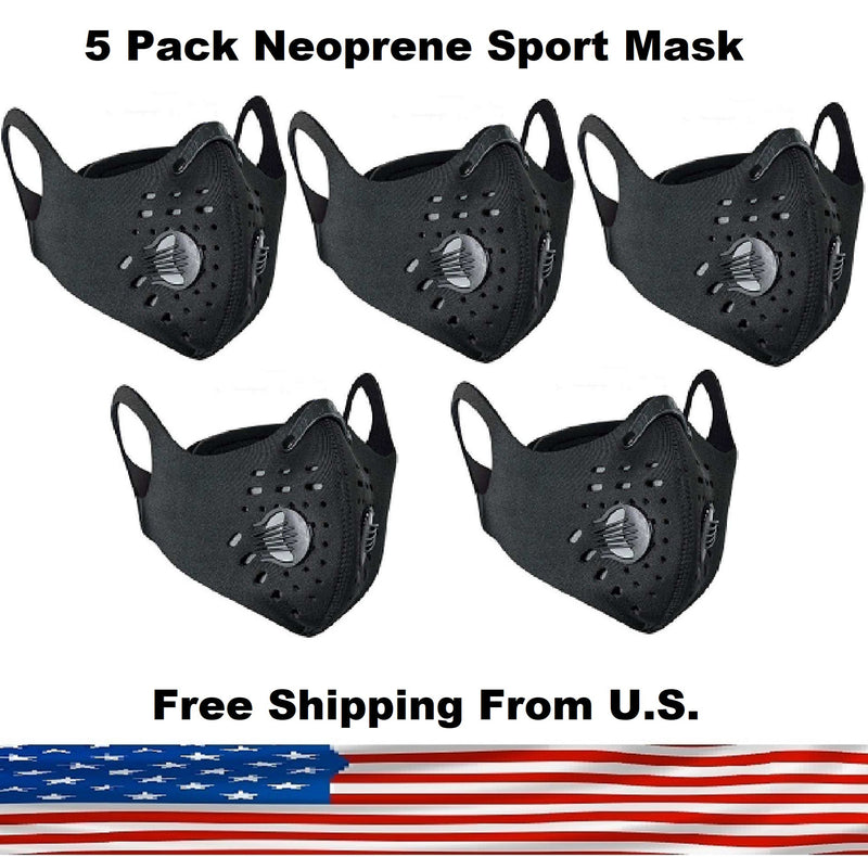 5 Pack Cycling Sport Mask with Protective 5 Layer PM 2.5 Activated Carbon Filter & Breathing Valve - Reusable and Washable - Nose Clip