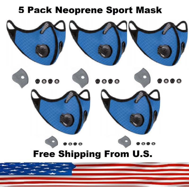 5 Pack Cycling Sport Face Mask with Protective 5 Layer PM 2.5 Activated Carbon Filter & Breathing Valve - Reusable and Washable - Nose Clip