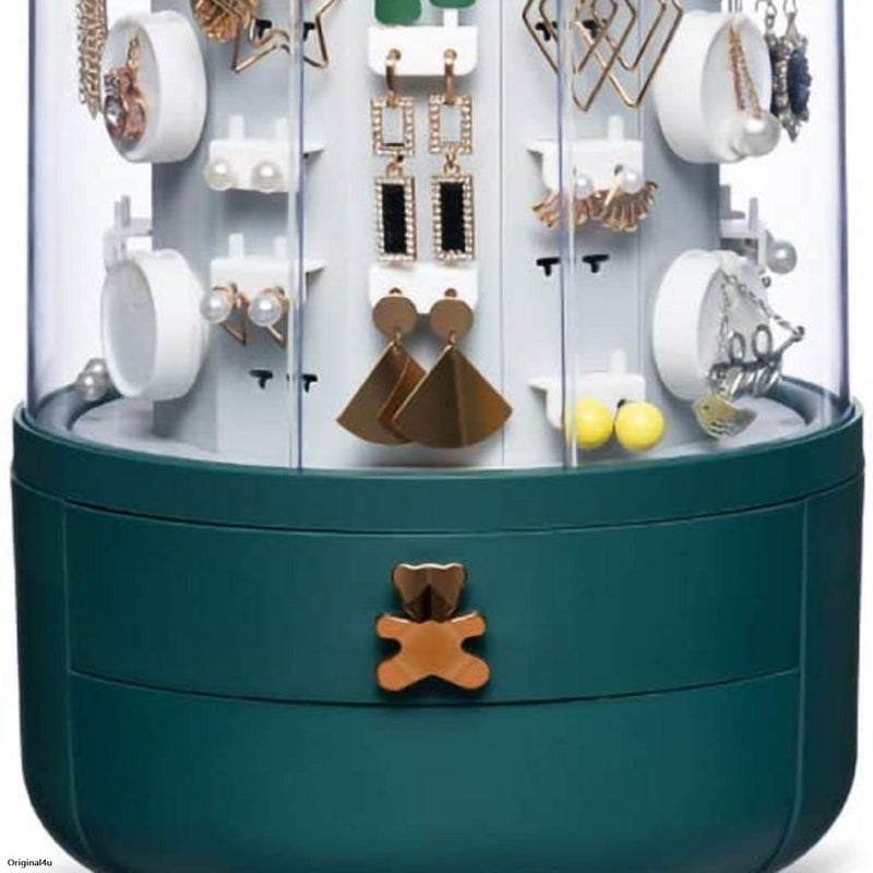 360 Degree Rotating Jewelry Cabinet Necklace Ring Earring Holder Storage Box Cosmetic Makeup Display Organizer Green Color Gift For Her/Him