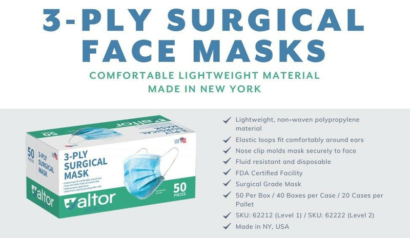 ALTOR 3PLY SURGICAL DISPOSABLE MASKS 99% BFE - ASTM LEVEL 2 - FDA Approved - 50 Pieces - 62222 - MADE IN USA ✅