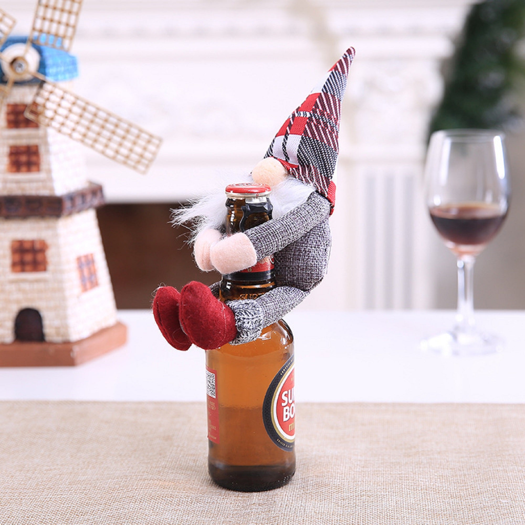 Two pcs Christmas Gnomes Wine Bottle Cover Santa - Handmade Swedish Tomte Plush Gnomes Bottle Toppers - Holiday Christmas Decorations