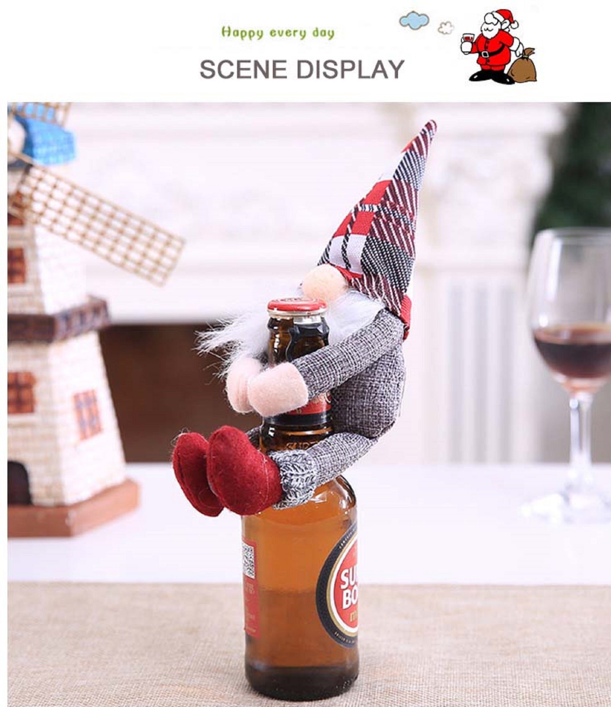 Two pcs Christmas Gnomes Wine Bottle Cover Santa - Handmade Swedish Tomte Plush Gnomes Bottle Toppers - Holiday Christmas Decorations