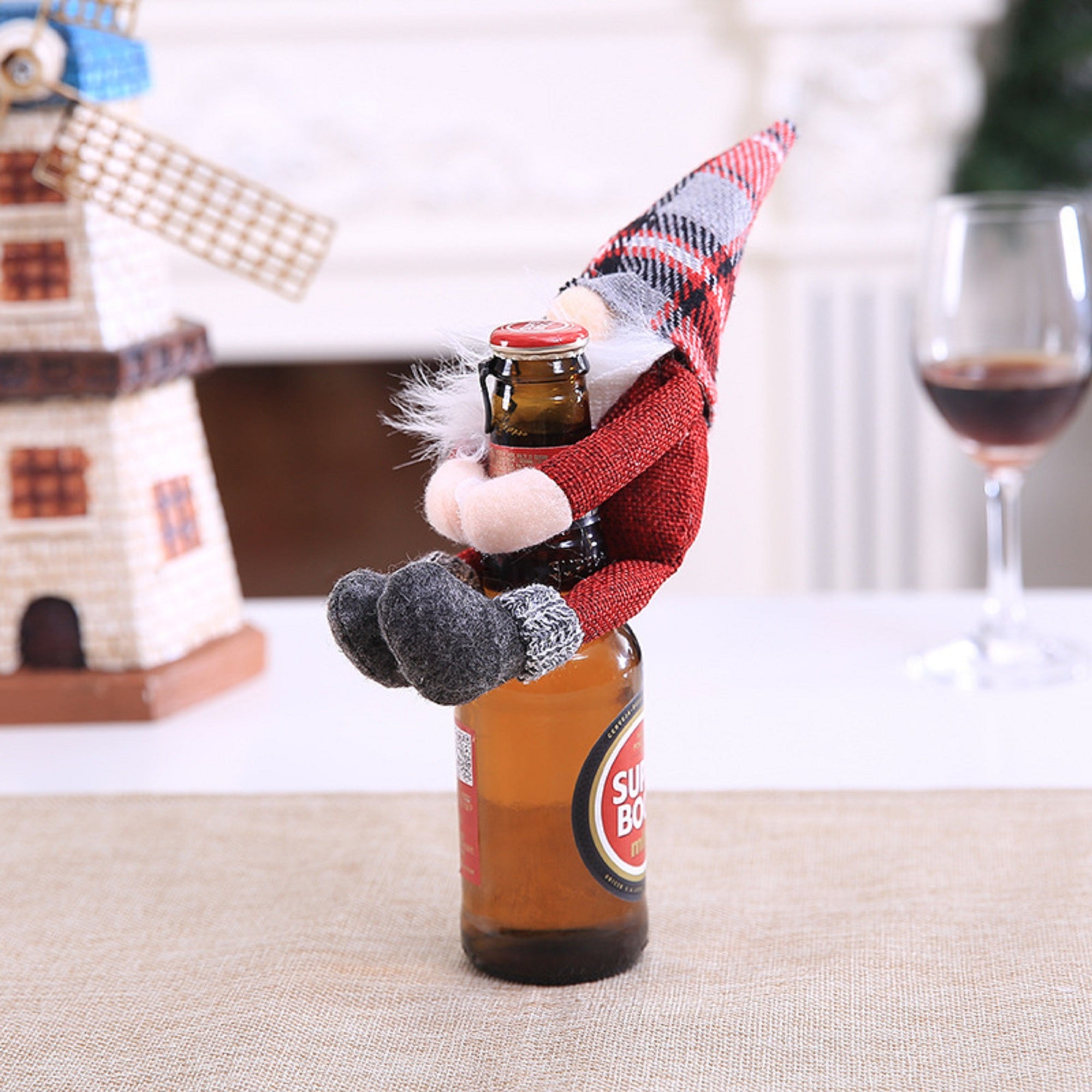 Two pcs Christmas Gnomes Wine Bottle Cover Santa - Handmade Swedish Tomte Plush Gnomes Bottle Toppers - Holiday Christmas Decorations