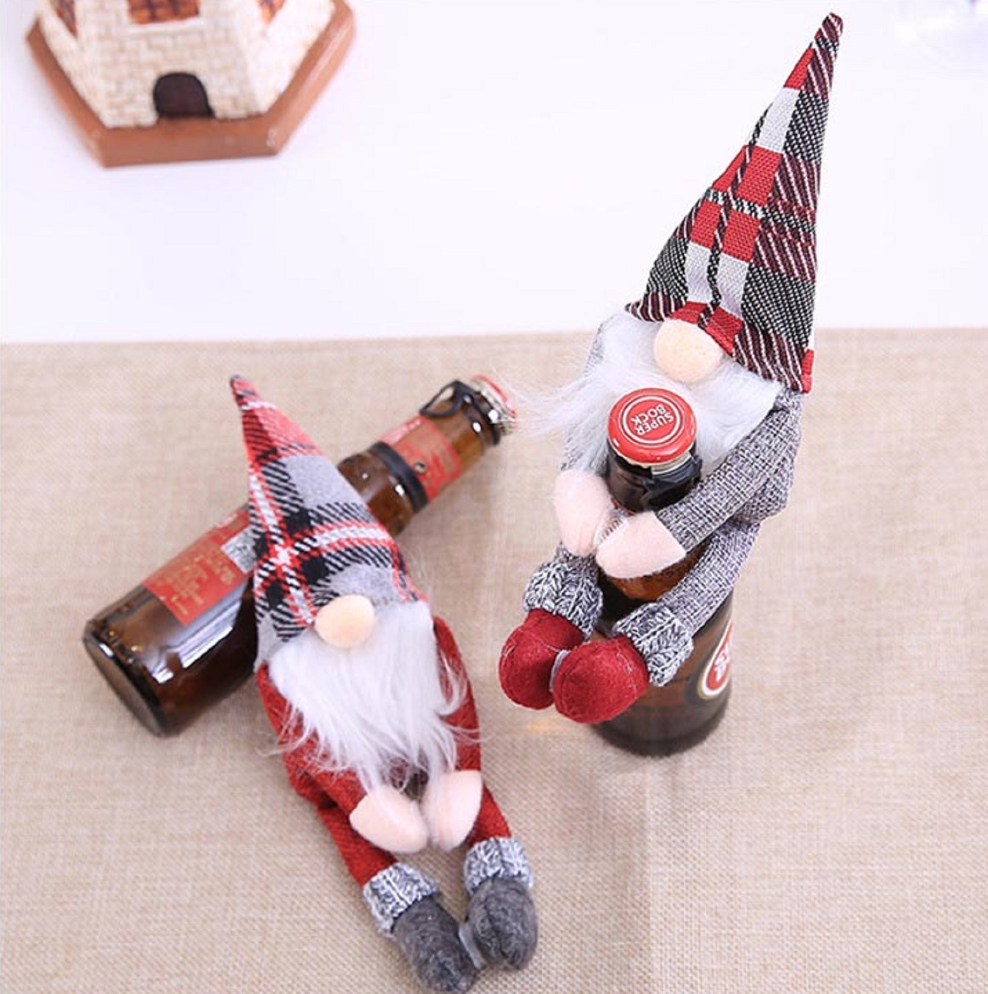 Two pcs Christmas Gnomes Wine Bottle Cover Santa - Handmade Swedish Tomte Plush Gnomes Bottle Toppers - Holiday Christmas Decorations