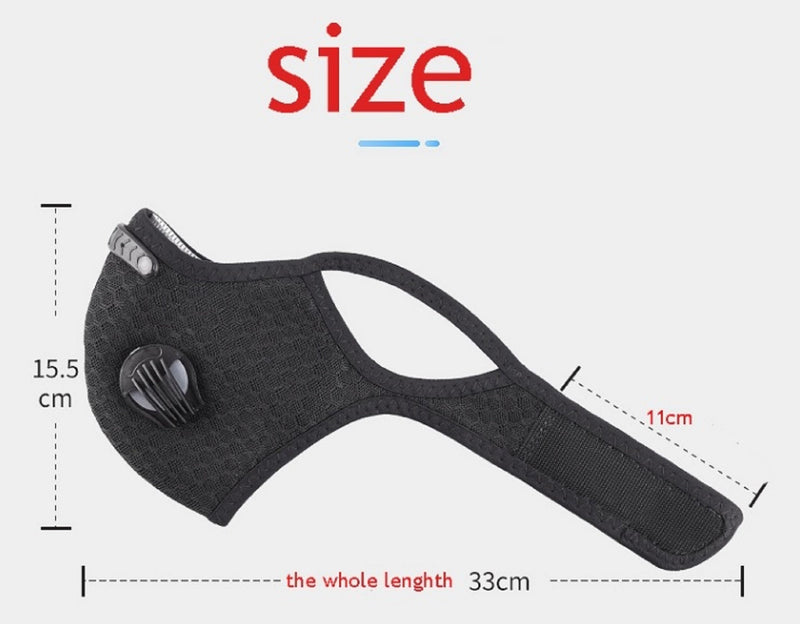 Sport Mask Protective 5 Layer Activated Carbon Filter & Breathing Valve - Reusable and Washable - Nose Clip + 2 Free Filter