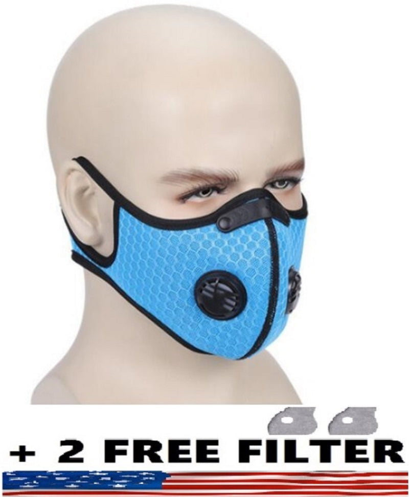 Sport Mask Protective 5 Layer Activated Carbon Filter & Breathing Valve - Reusable and Washable - Nose Clip + 2 Free Filter