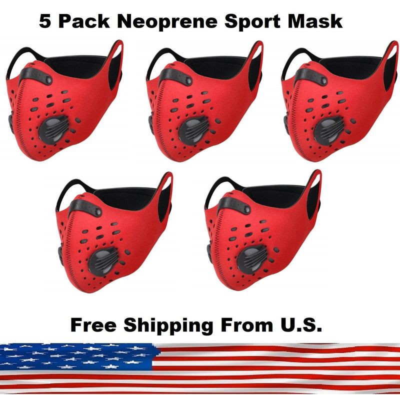 5 Pack Cycling Sport Mask with Protective 5 Layer PM 2.5 Activated Carbon Filter & Breathing Valve - Reusable and Washable - Nose Clip
