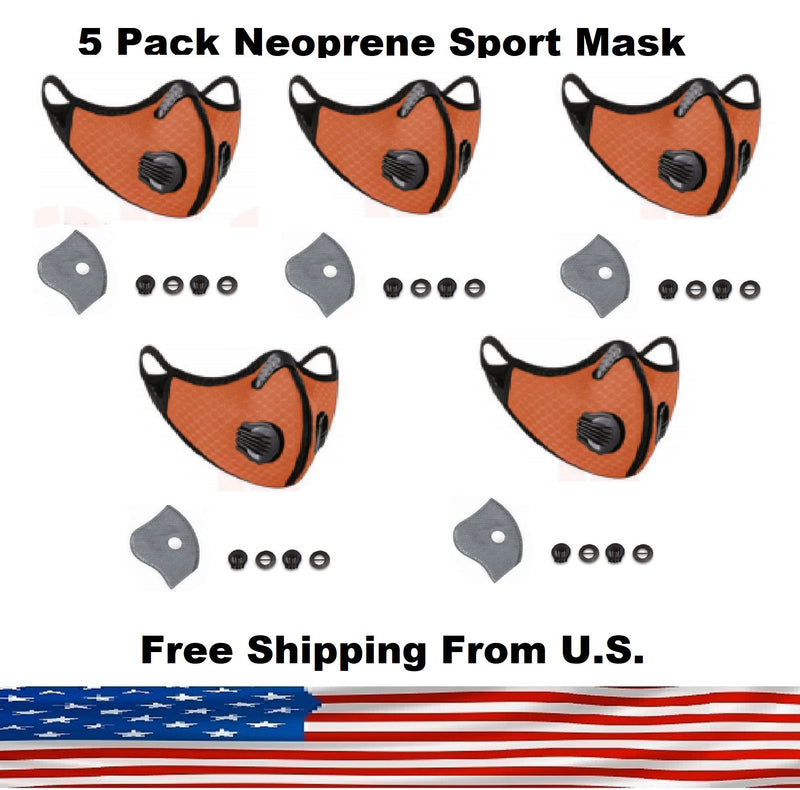 5 Pack Cycling Sport Face Mask with Protective 5 Layer PM 2.5 Activated Carbon Filter & Breathing Valve - Reusable and Washable - Nose Clip