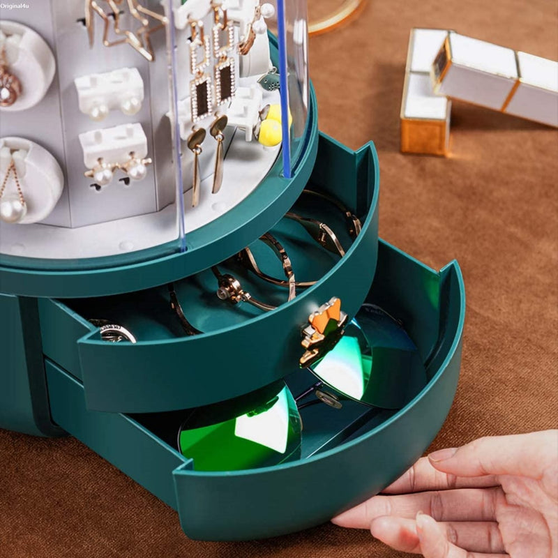 360 Degree Rotating Jewelry Cabinet Necklace Ring Earring Holder Storage Box Cosmetic Makeup Display Organizer Green Color Gift For Her/Him