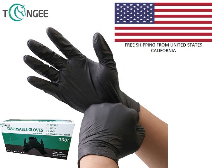 100 Pcs ( 1 box ) Disposable Gloves Synthetic Vinyl / Nitrile Blended Non-Med | Powder Free | Latex Free | Black Color Gloves