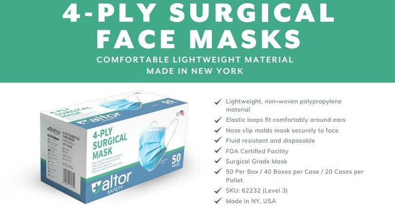 ALTOR 4PLY SURGICAL DISPOSABLE MASKS 98% BFE - ASTM LEVEL 3 - 50 Pieces - 62232 - MADE IN USA ✅