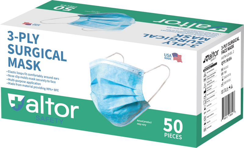 ALTOR 3PLY SURGICAL DISPOSABLE MASKS 99% BFE - ASTM LEVEL 2 - FDA Approved - 50 Pieces - 62222 - MADE IN USA ✅